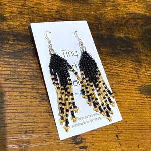 Black and Gold Alaska Native Beaded chandelier Earrings NWT